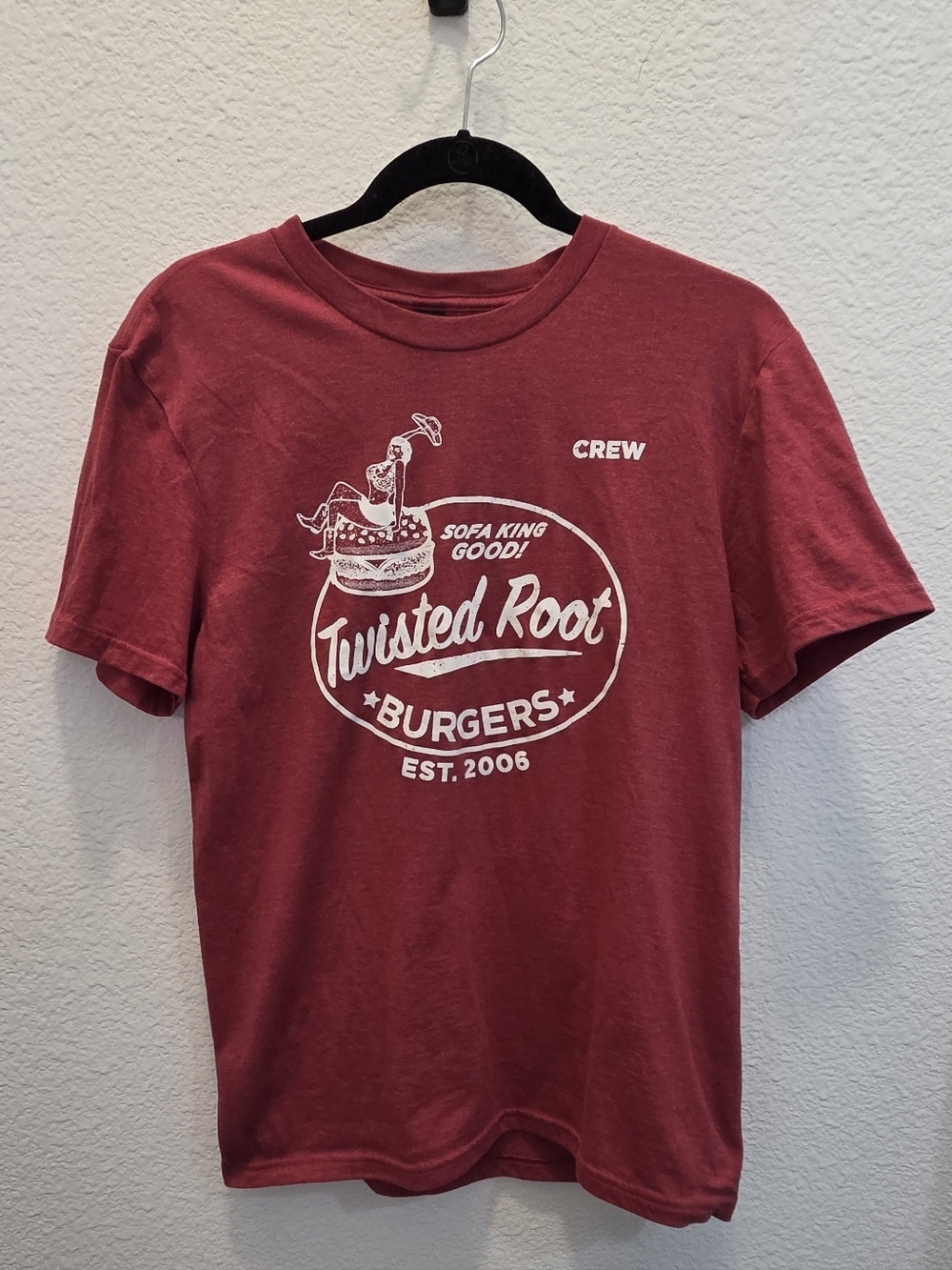 Twisted Root Burgers Crew Tee - Maroon with White Logo Sz SMALL